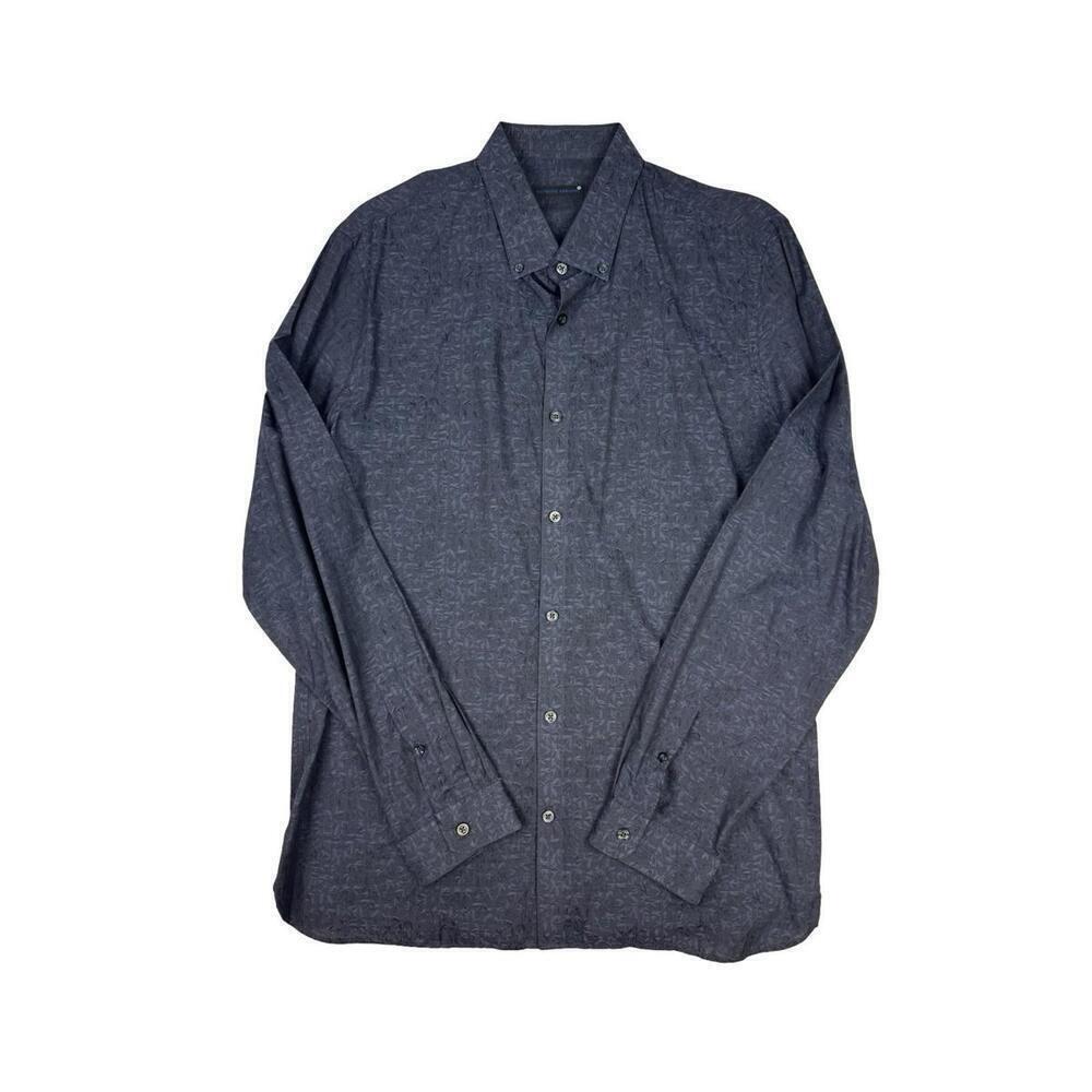Patrick Assaraf Button-Up Cotton Bamboo Weave Casual Shirt Dark Blue Size L